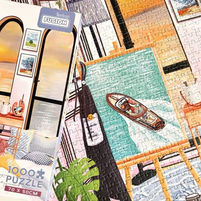 Botop Fusion "Sunset by the Sea" 1000-Piece Glitter Finish Jigsaw Puzzle - Premium Blue Board