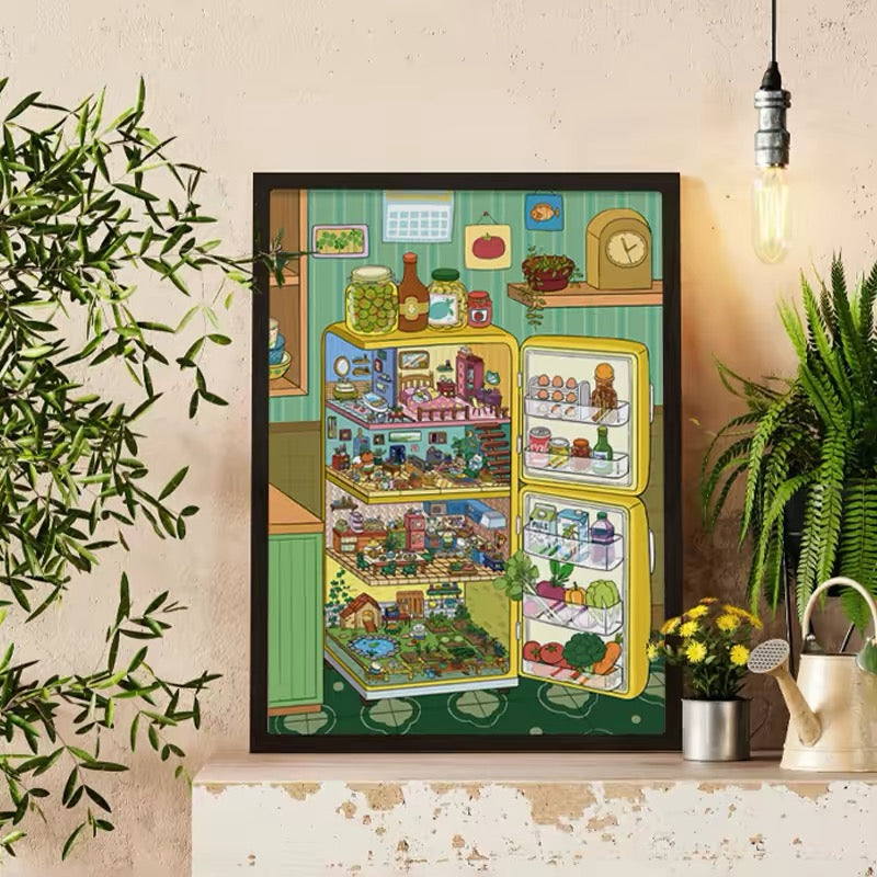 Botop Fusion "Small World in the Fridge" 1000-Piece Velvet Touch Jigsaw Puzzle - Premium Blue Board