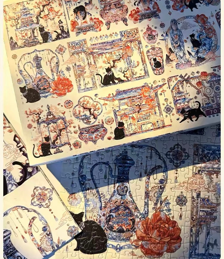 Botop Fusion "Yuan Dynasty Black Cat" 1000-Piece Glitter Finish Jigsaw Puzzle - Premium Blue Board