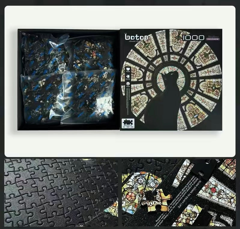 Cathedral Cat 1000-Piece Jigsaw Puzzle – Premium Dutch Black Cardboard, Glitter Film Finish