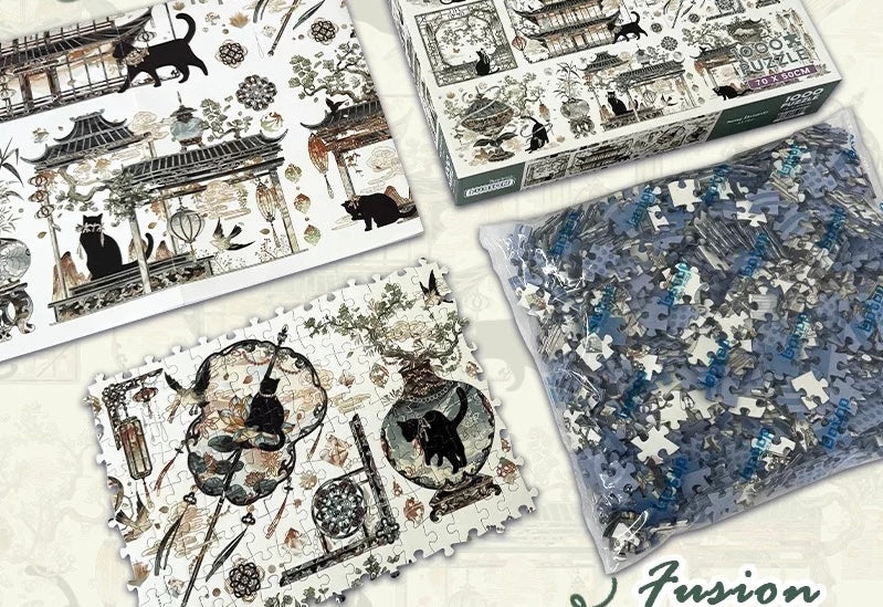 Botop Fusion "Song Dynasty Black Cat" 1000-Piece Glitter Finish Jigsaw Puzzle - Premium Blue Board