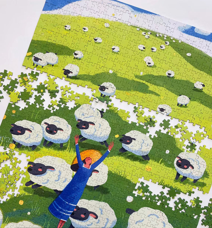 Jigsaw puzzle with a completed section showing a person and sheep in a field