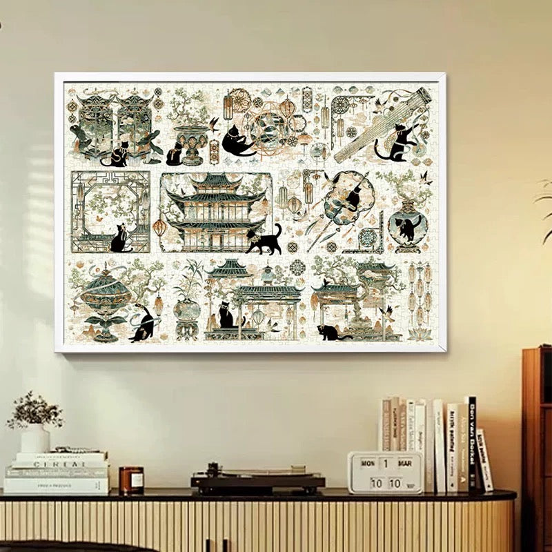 Botop Fusion "Song Dynasty Black Cat" 1000-Piece Glitter Finish Jigsaw Puzzle - Premium Blue Board