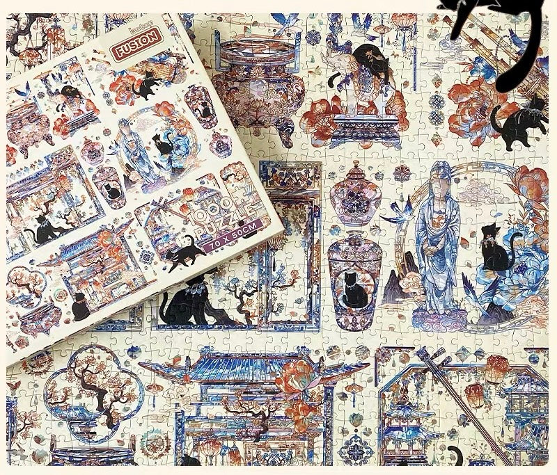 Botop Fusion "Yuan Dynasty Black Cat" 1000-Piece Glitter Finish Jigsaw Puzzle - Premium Blue Board