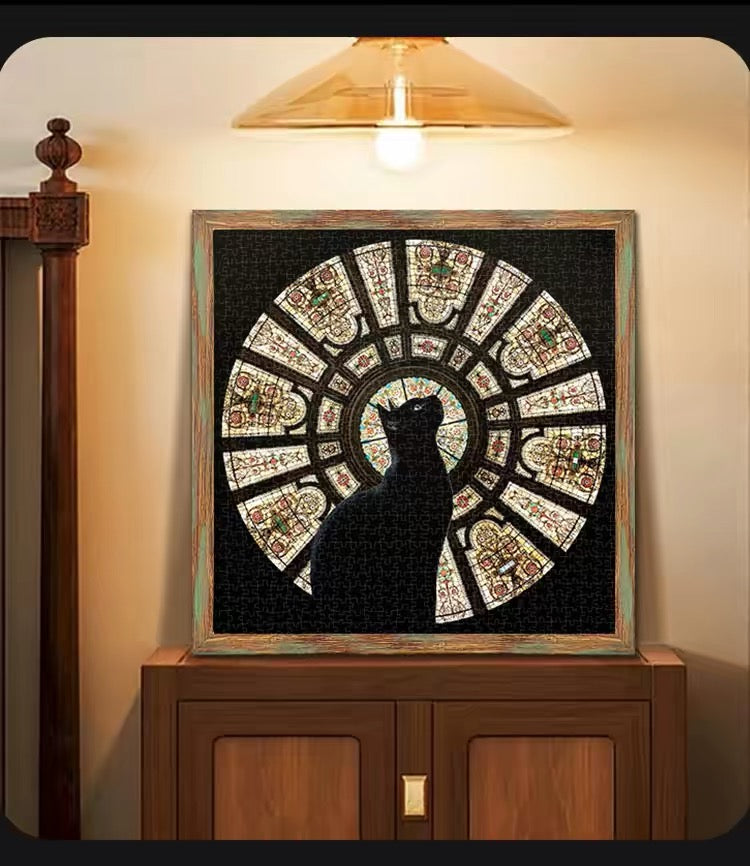 Cathedral Cat 1000-Piece Jigsaw Puzzle – Premium Dutch Black Cardboard, Glitter Film Finish