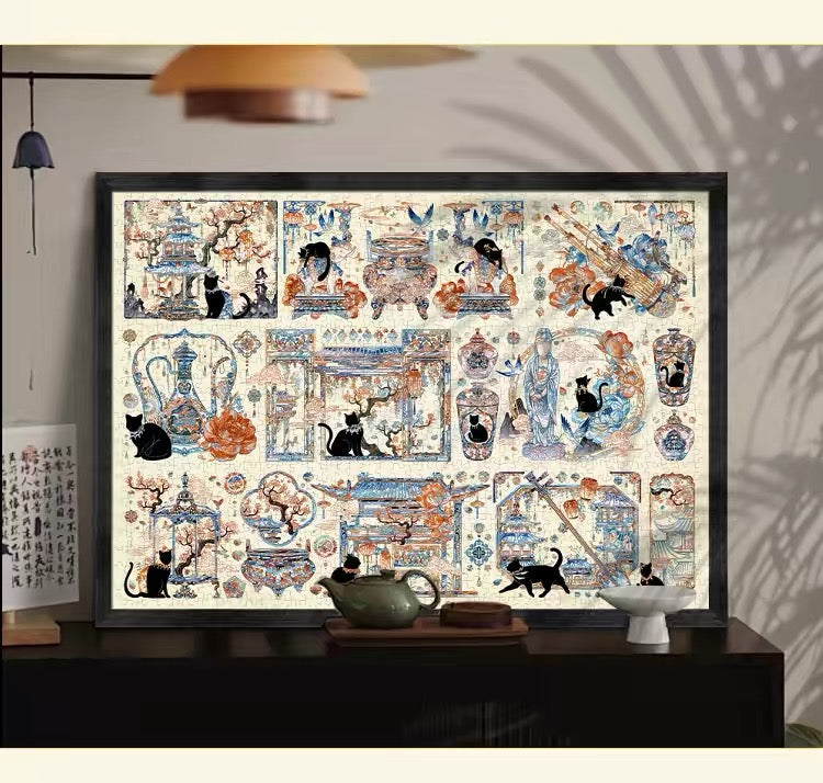 Botop Fusion "Yuan Dynasty Black Cat" 1000-Piece Glitter Finish Jigsaw Puzzle - Premium Blue Board