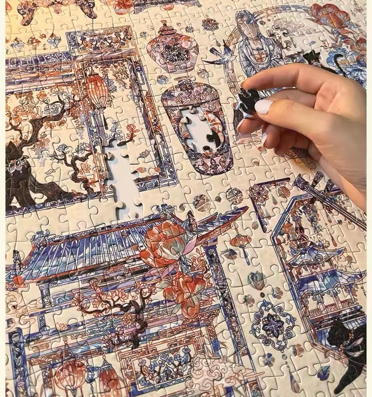 Botop Fusion "Yuan Dynasty Black Cat" 1000-Piece Glitter Finish Jigsaw Puzzle - Premium Blue Board