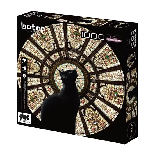 Cathedral Cat 1000-Piece Jigsaw Puzzle – Premium Dutch Black Cardboard, Glitter Film Finish