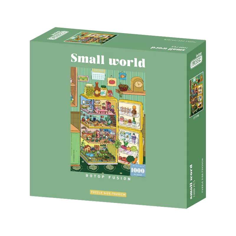 Botop Fusion "Small World in the Fridge" 1000-Piece Velvet Touch Jigsaw Puzzle - Premium Blue Board