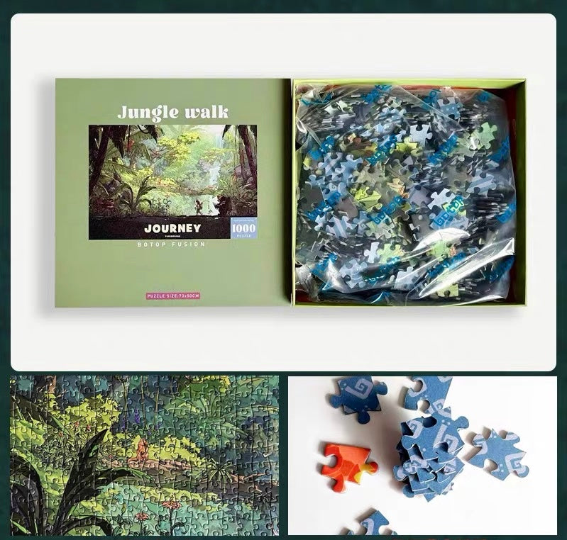 Botop Fusion "Jungle Adventure" 1000-Piece Glitter Finish Jigsaw Puzzle - Premium Blue Board Forest Exploration Adult Stress Relief Toy &amp; Family Art Gift
