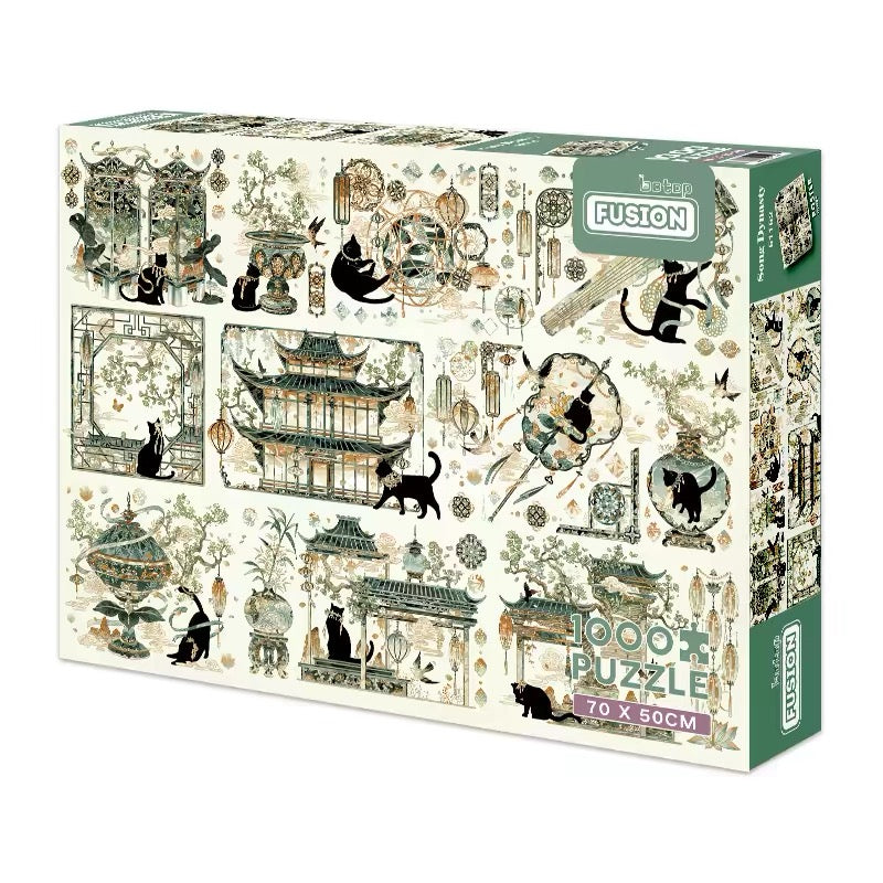 Botop Fusion "Song Dynasty Black Cat" 1000-Piece Glitter Finish Jigsaw Puzzle - Premium Blue Board