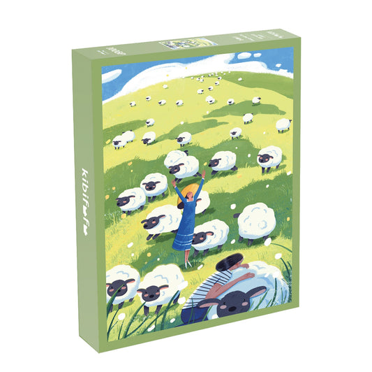 Product packaging with illustration of a person shearing sheep in a field