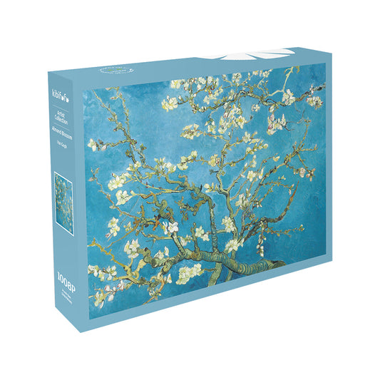 Jigsaw puzzle box with Van Gogh's 'Almond Blossom' design on a blue background