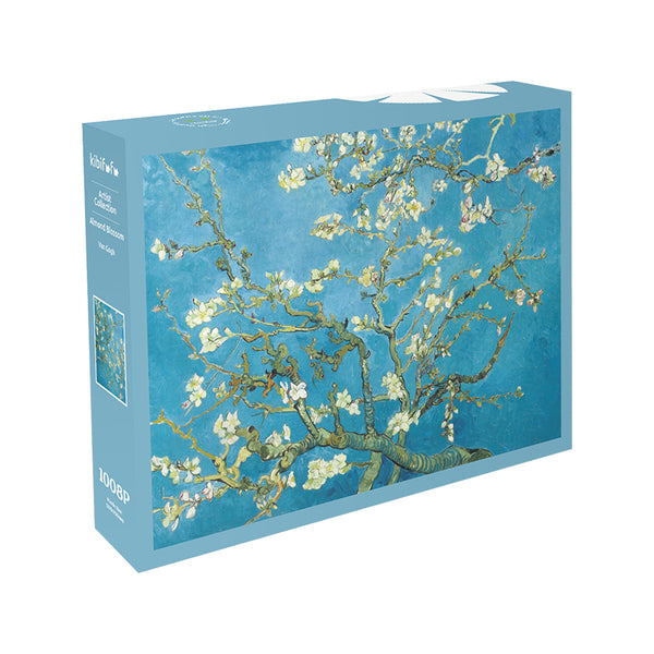Jigsaw puzzle box with Van Gogh's 'Almond Blossom' design on a blue background