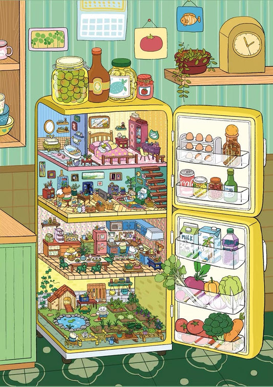 Botop Fusion "Small World in the Fridge" 1000-Piece Velvet Touch Jigsaw Puzzle - Premium Blue Board