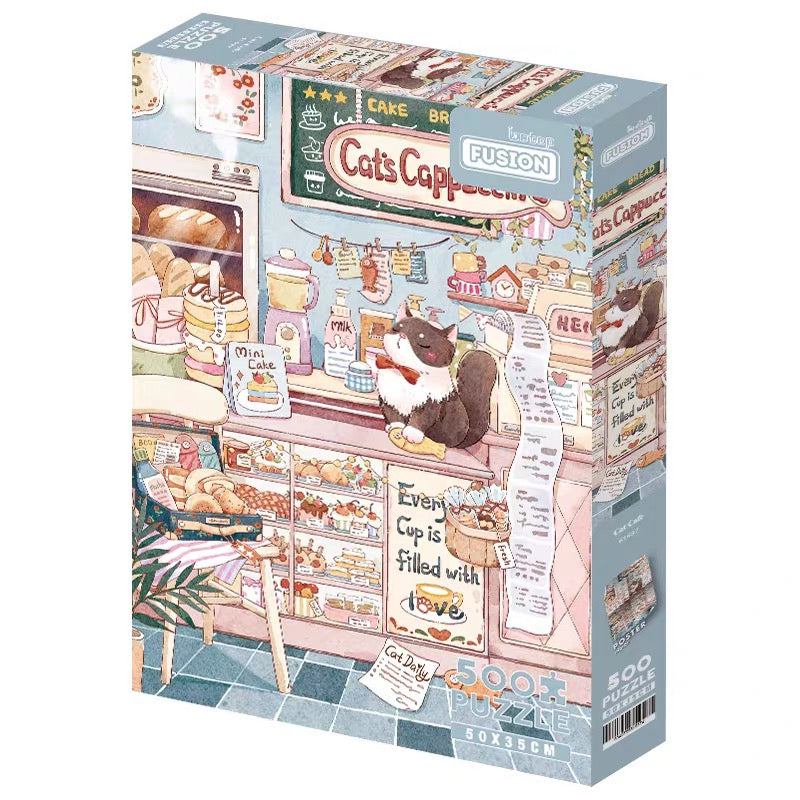 BOTOP Fusion "Cat Cafe Diary" 500-Piece Jigsaw Puzzle for Adults and Kids -  Cartoon Blueboard