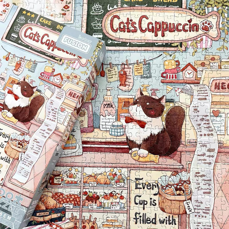 BOTOP Fusion "Cat Cafe Diary" 500-Piece Jigsaw Puzzle for Adults and Kids -  Cartoon Blueboard