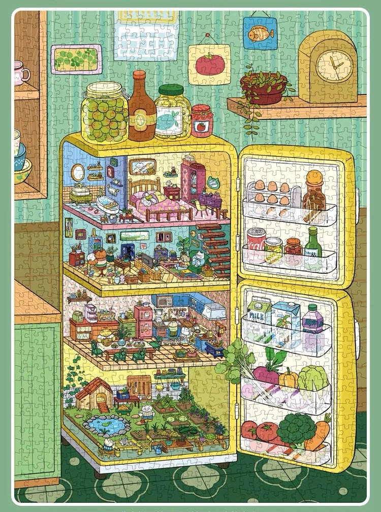 Botop Fusion "Small World in the Fridge" 1000-Piece Velvet Touch Jigsaw Puzzle - Premium Blue Board